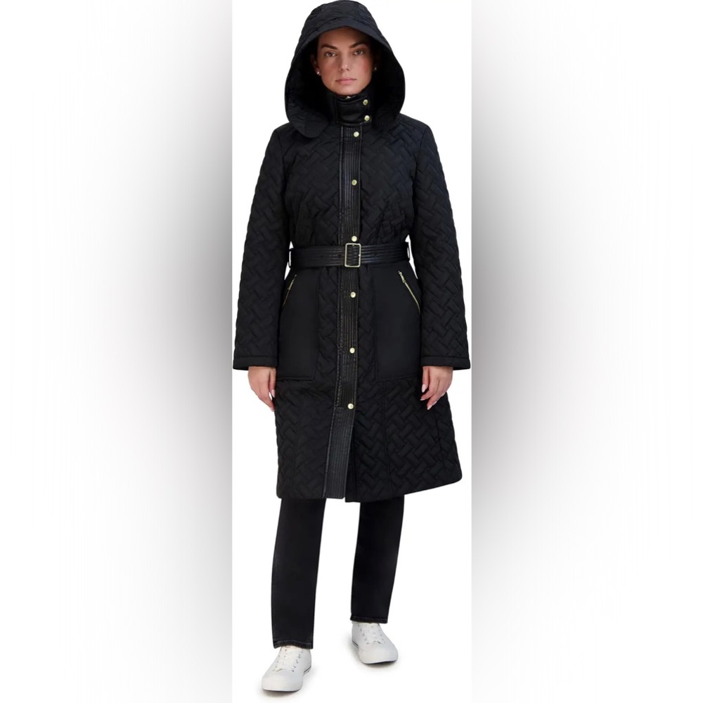 Cole Haan Signature Black Quilted Hooded Coat With Belt Size XS NWOT